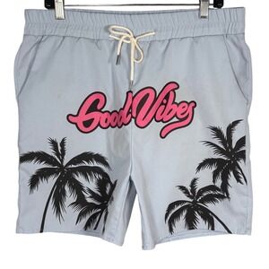 ROMWE Mens Light Blue Good Vibes Palm Tree Graphic Shorts Size M Summer Beach